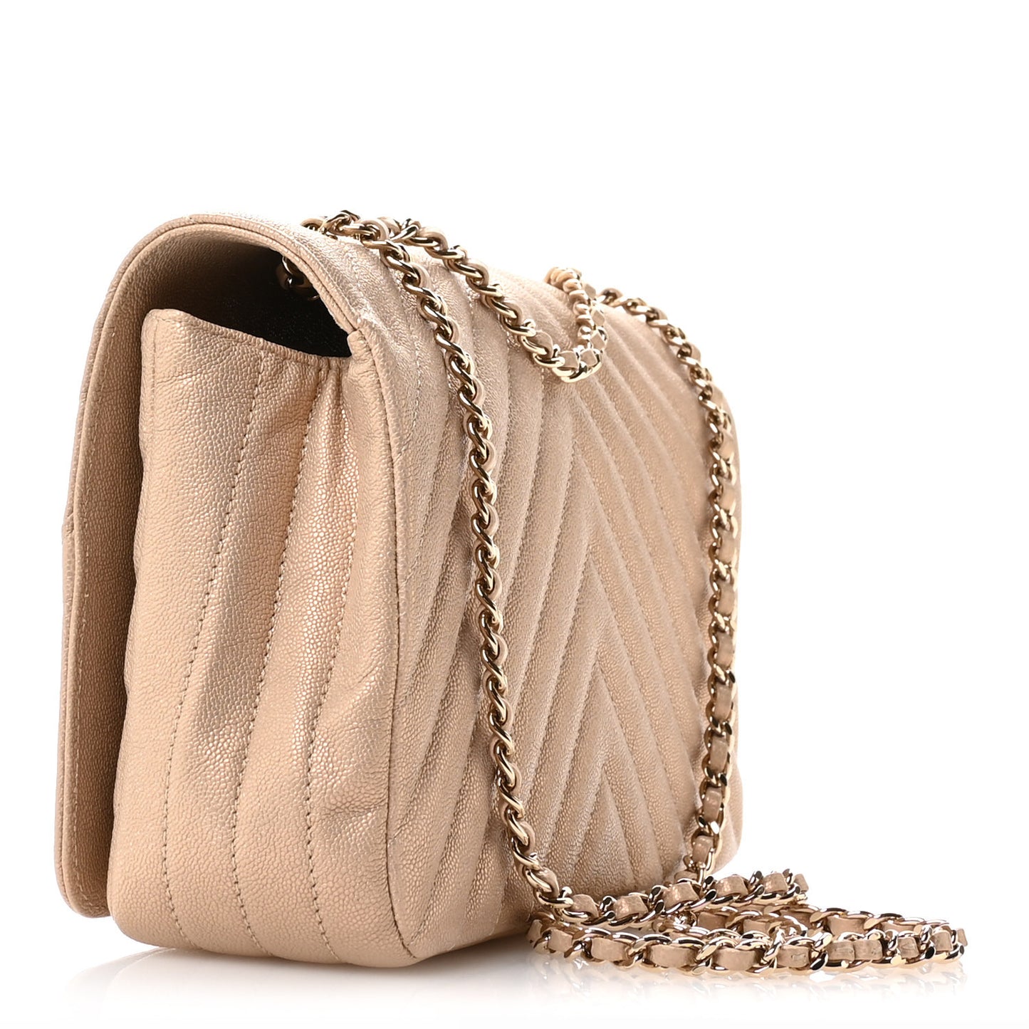 Metallic Caviar Chevron Quilted Medium Statement Flap Beige