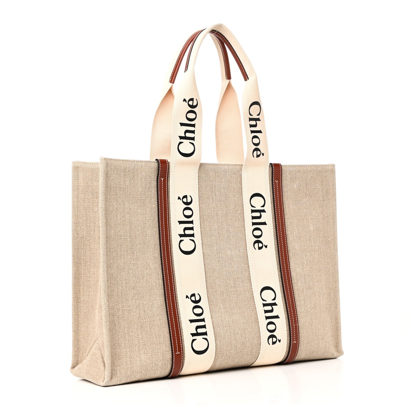 Linen Calfskin Large Woody Ribbon Tote White Brown