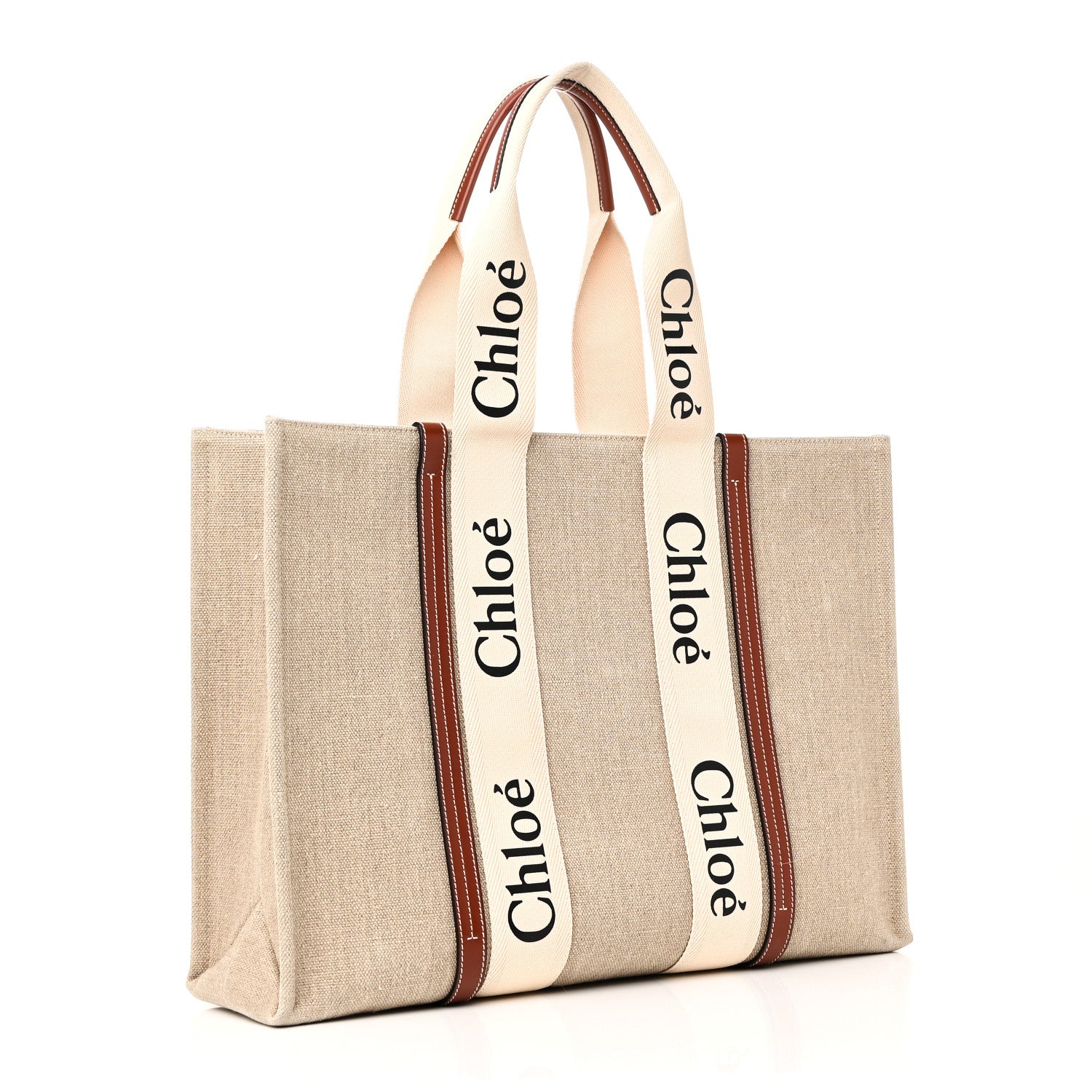 Chloe Linen Calfskin Large Woody Ribbon Tote White Brown 3 of 9