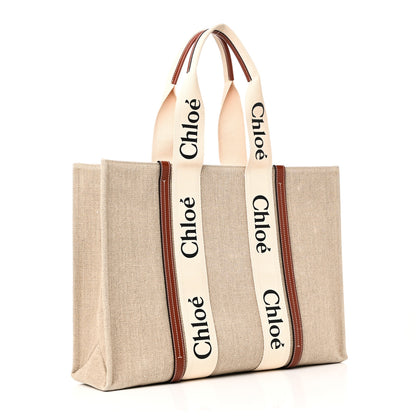 Chloe Linen Calfskin Large Woody Ribbon Tote White Brown 3 of 9