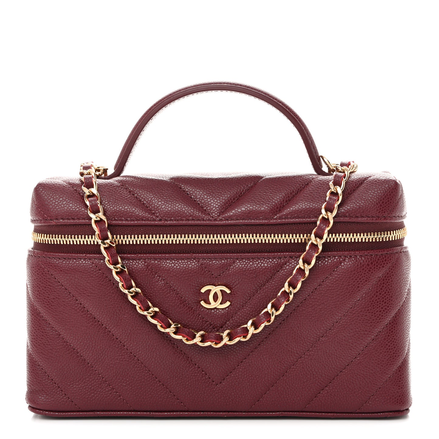 Caviar Chevron Quilted Top Handle Slim Vanity With Chain Black Burgundy