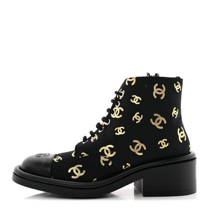 Chanel Lambskin Shearling Canvas CC Lace Up Boots 39 Black Gold 1 of 17