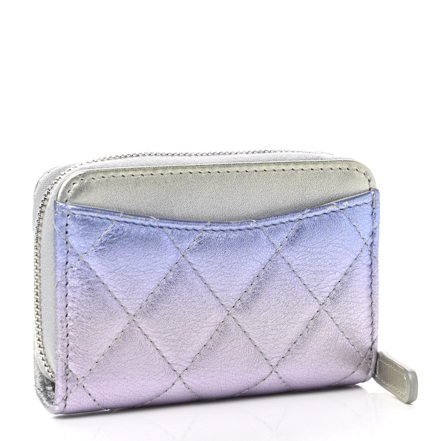 Gradient Metallic Calfskin Quilted Zip Around Coin Purse Wallet Silver Blue Yellow Purple