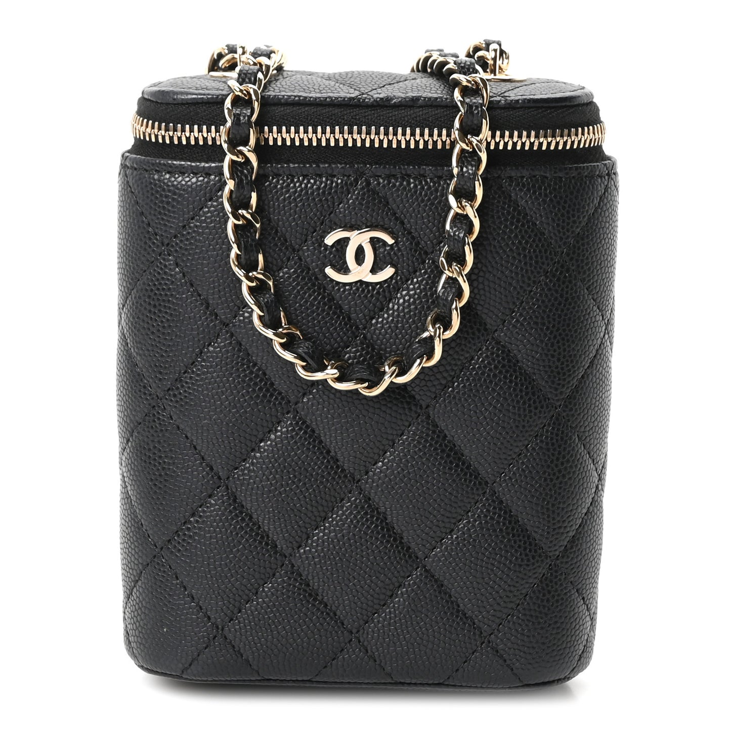 Caviar Quilted Small Vertical Coco Beauty Vanity Case With Chain Black
