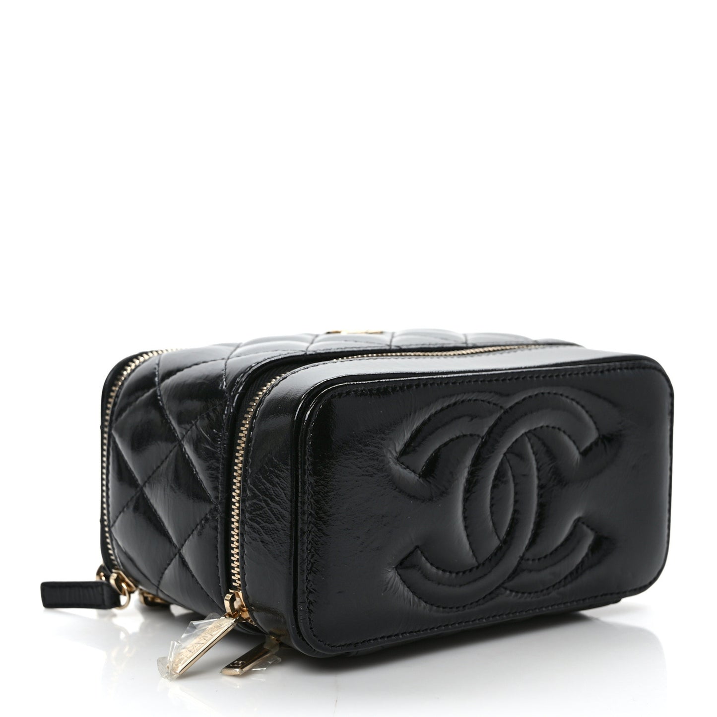 Shiny Lambskin Quilted Small Vanity Case With Chain Black