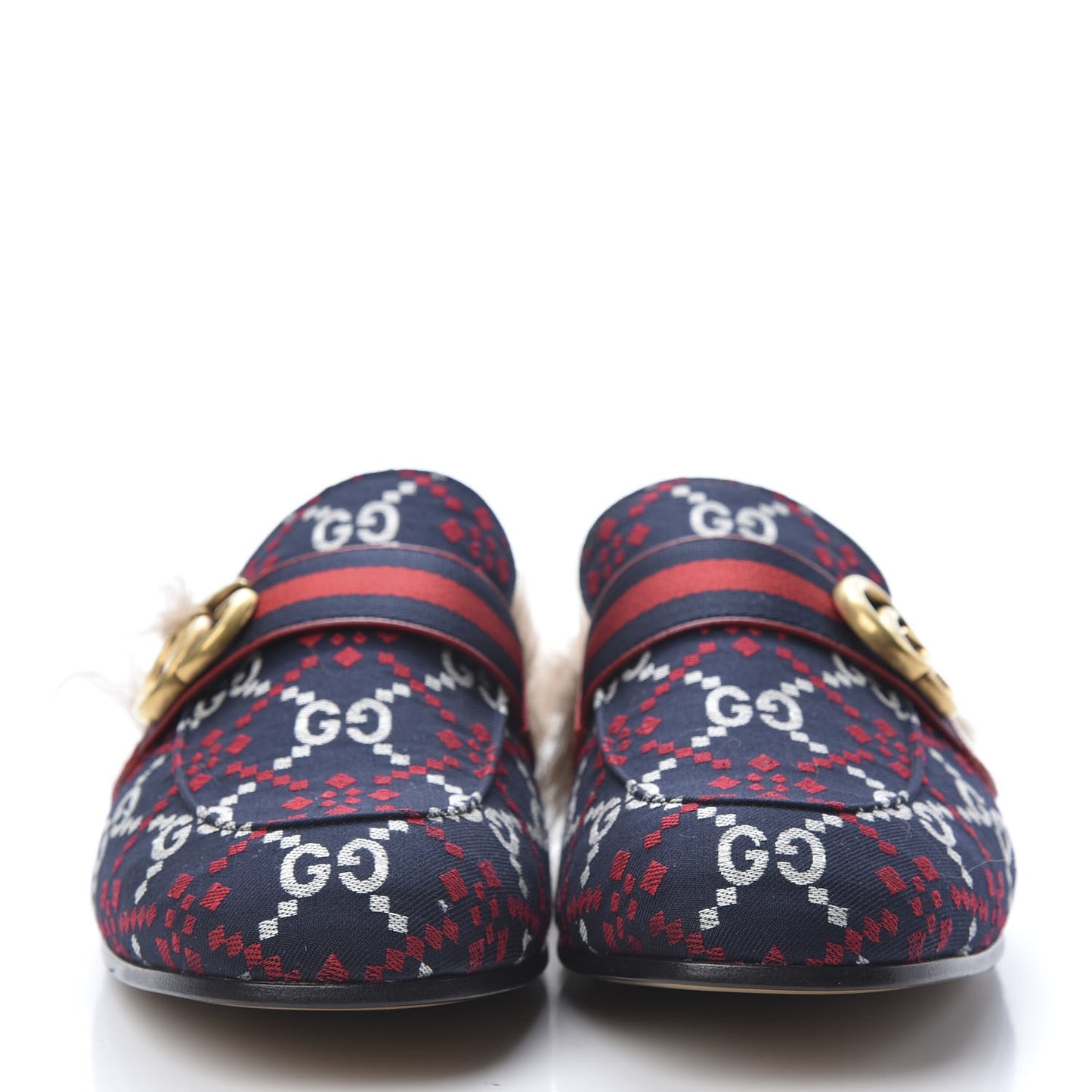 Canvas GG Monogram Diamond Fur Web GG Mens Princetown Slippers 8.5 Midnight Blue Hibiscus Red