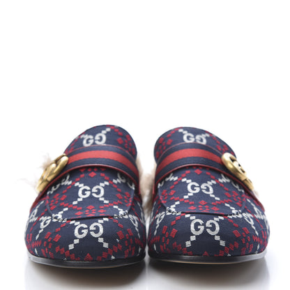 Gucci Canvas GG Monogram Diamond Fur Web GG Mens Princetown Slippers 8.5 Midnight Blue Hibiscus Red 2 of 8