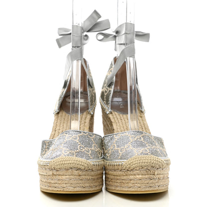 Gucci Lame GG Monogram Ankle Wrap Platform Espadrille Wedges 40 Silver Beige Light Grey 2 of 9