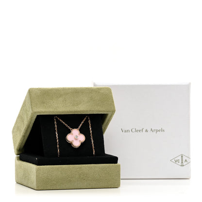 Van Cleef & Arpels 18K Rose Gold Diamond Pink Porcelain Vintage Alhambra Pendant Necklace 5 of 5