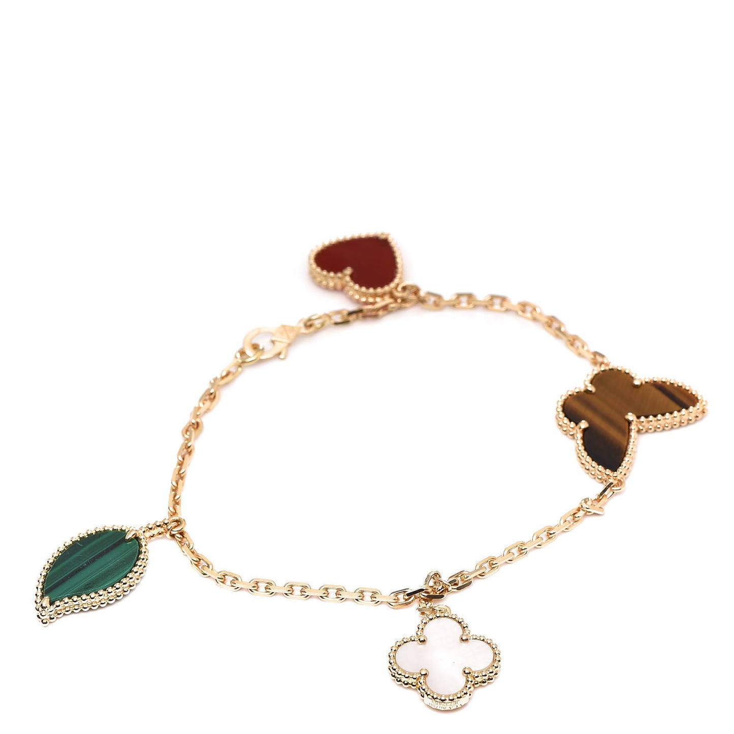 18K Yellow Gold Mother of Pearl Malachite Carnelian Tiger Eye 4 Motifs Lucky Alhambra Bracelet