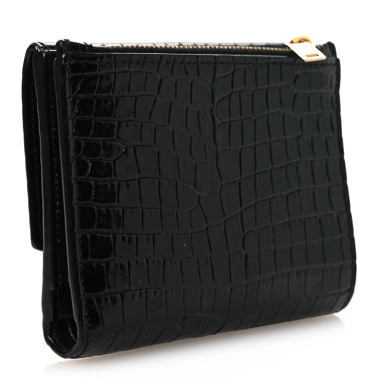 Shiny Calfskin Crocodile Embossed Monogram Uptown Compact Wallet Black