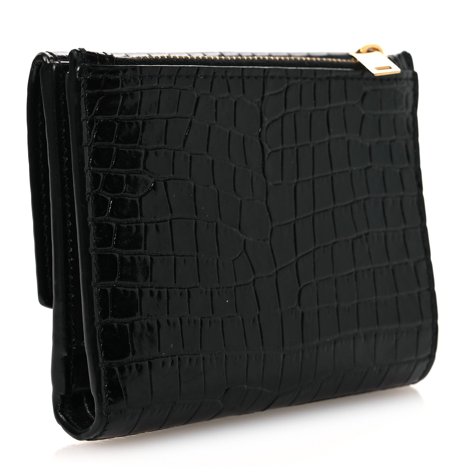 Saint Laurent Shiny Calfskin Crocodile Embossed Monogram Uptown Compact Wallet Black 3 of 10