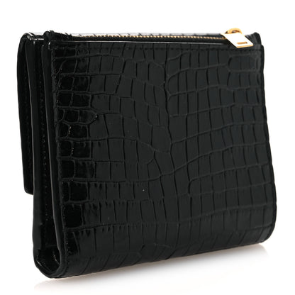 Saint Laurent Shiny Calfskin Crocodile Embossed Monogram Uptown Compact Wallet Black 3 of 10