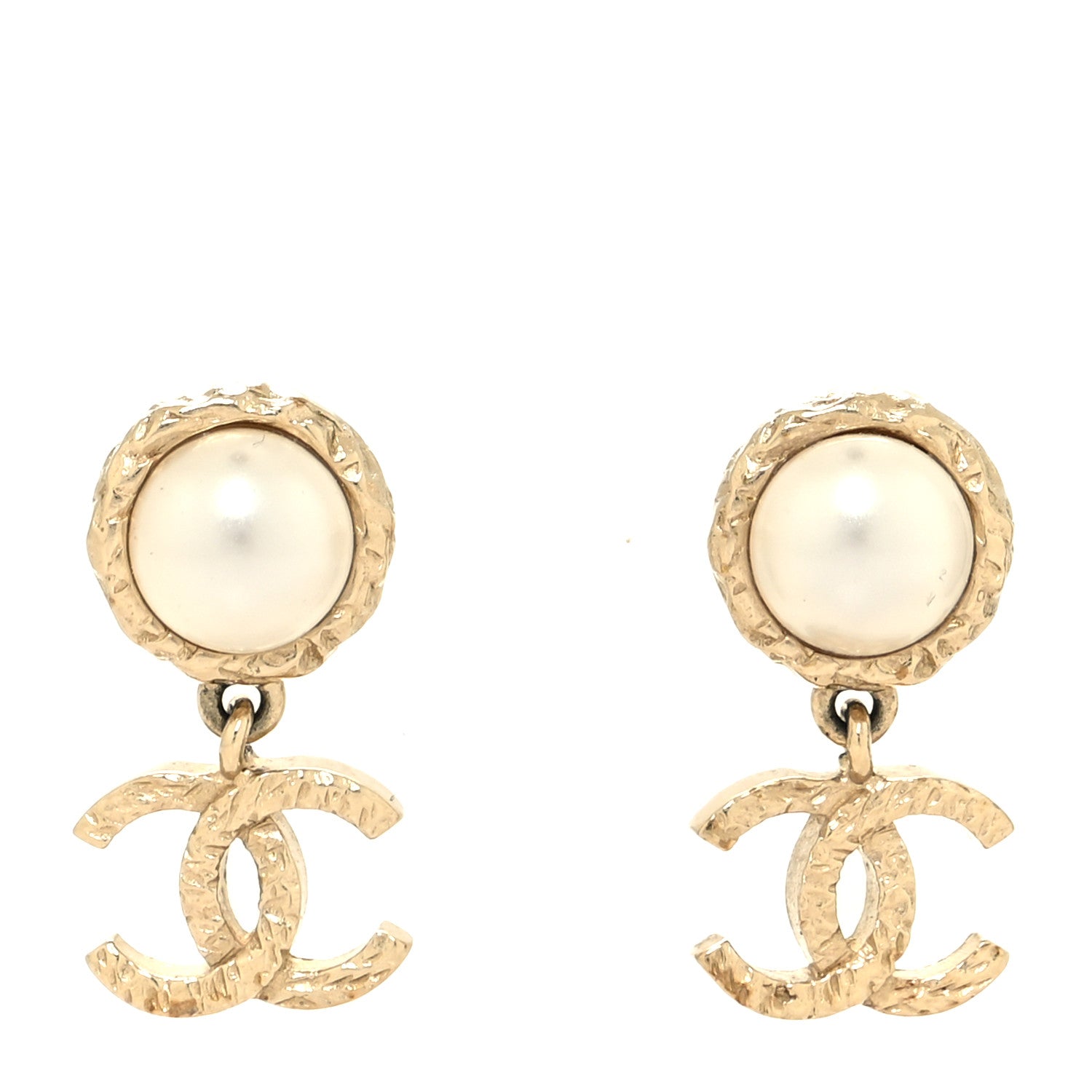 Chanel Pearl Hammered CC Drop Earrings Gold Pearly White 1 of 4