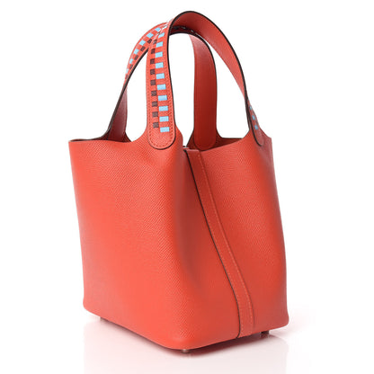 Hermes Epsom Tressage De Cuir Picotin Lock 18 PM Capucine Celeste Rouge H 3 of 10