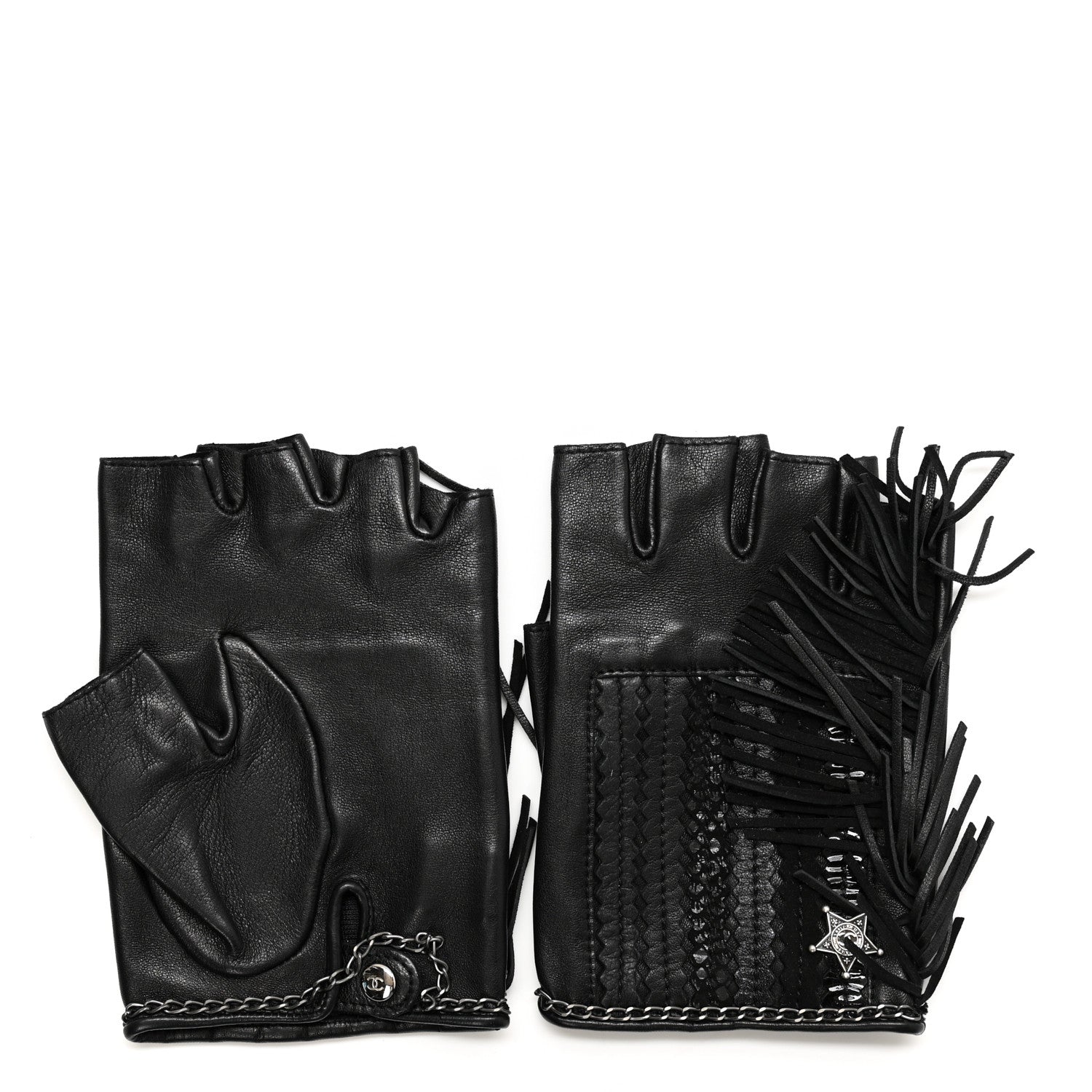 Chanel Lambskin Fringe Fingerless Gloves 7.5 Black 2 of 7
