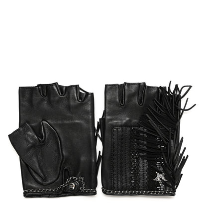 Chanel Lambskin Fringe Fingerless Gloves 7.5 Black 2 of 7
