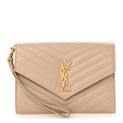 Saint Laurent Grain De Poudre Matelasse Chevron Monogram Envelope Clutch Dark Beige 1 of 11