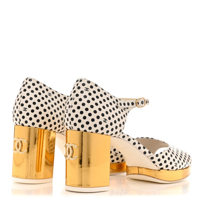 Chanel Printed Calfskin Polka Dot CC Platform Sandals 37 Ivory Black 5 of 9