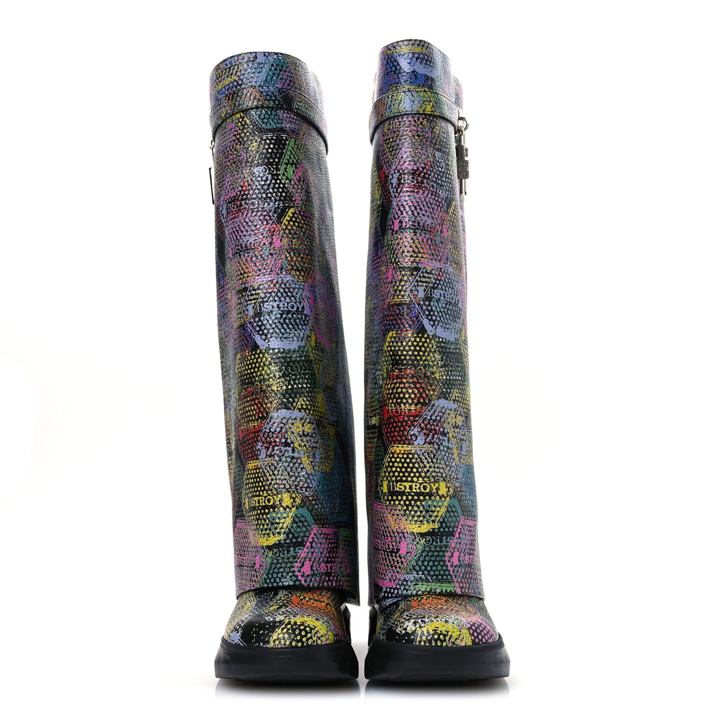 Grained Calfskin Printed Shark Lock Biker Knee Boots 40 Black Multicolor