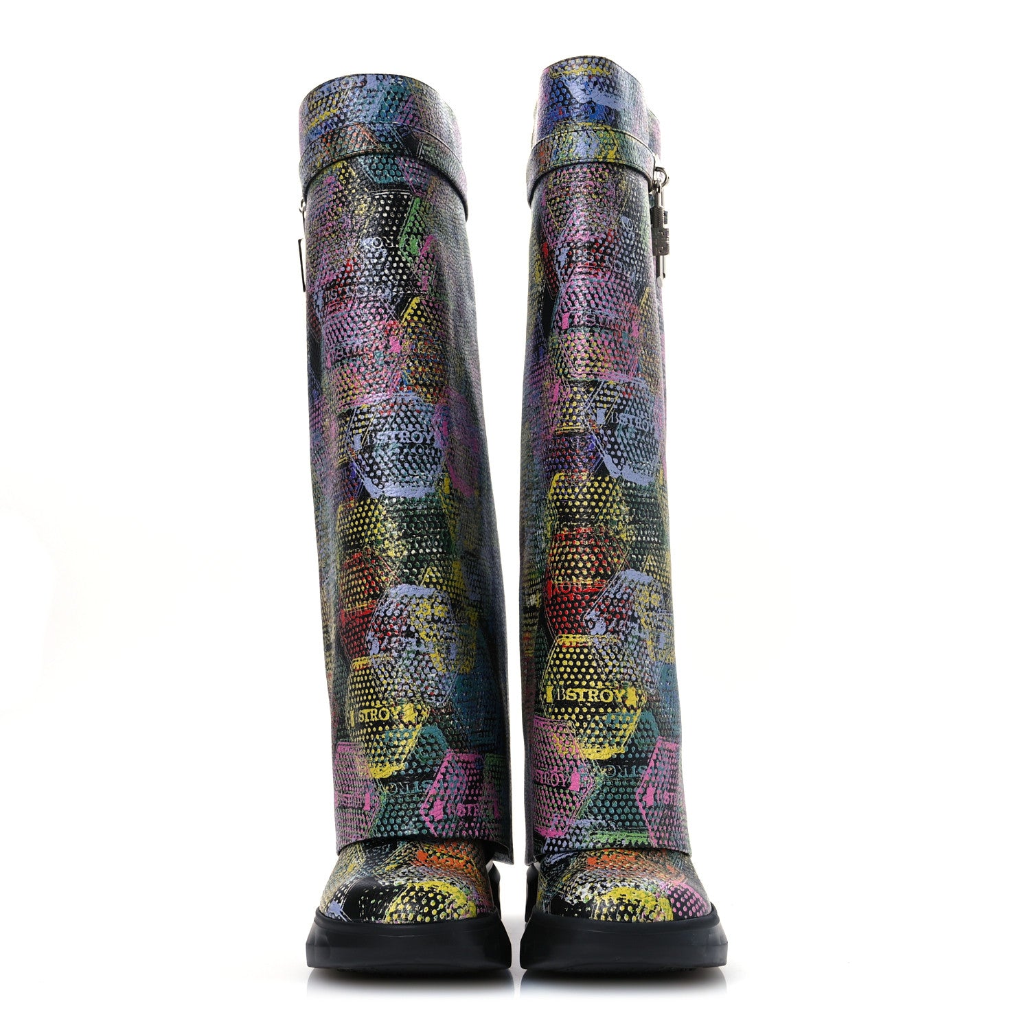 Givenchy Grained Calfskin Printed Shark Lock Biker Knee Boots 40 Black Multicolor 3 of 11