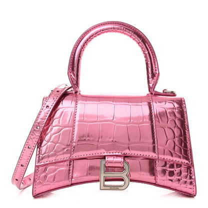 Balenciaga Metallic Shiny Calfskin Crocodile Embossed Hourglass Top Handle Bag XS Pink 1 of 11