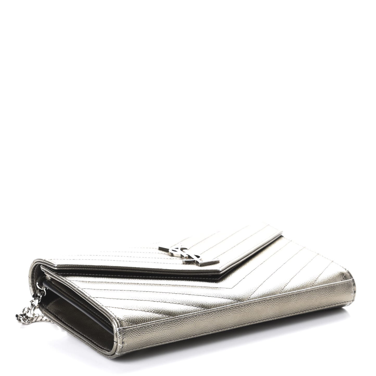 Metallic Grain De Poudre Matelasse Chevron Monogram Chain Wallet Piombo