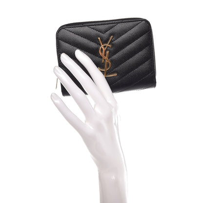 Saint Laurent Grain De Poudre Matelasse Chevron Monogram Compact Zip Around Wallet Black 2 of 9