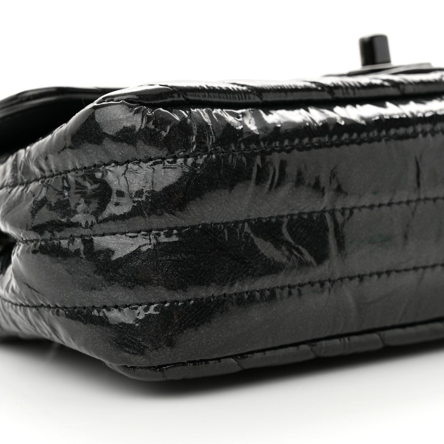 Patent Metallic Crumpled Calfskin Chevron Quilted Mini Rectangular Flap So Black