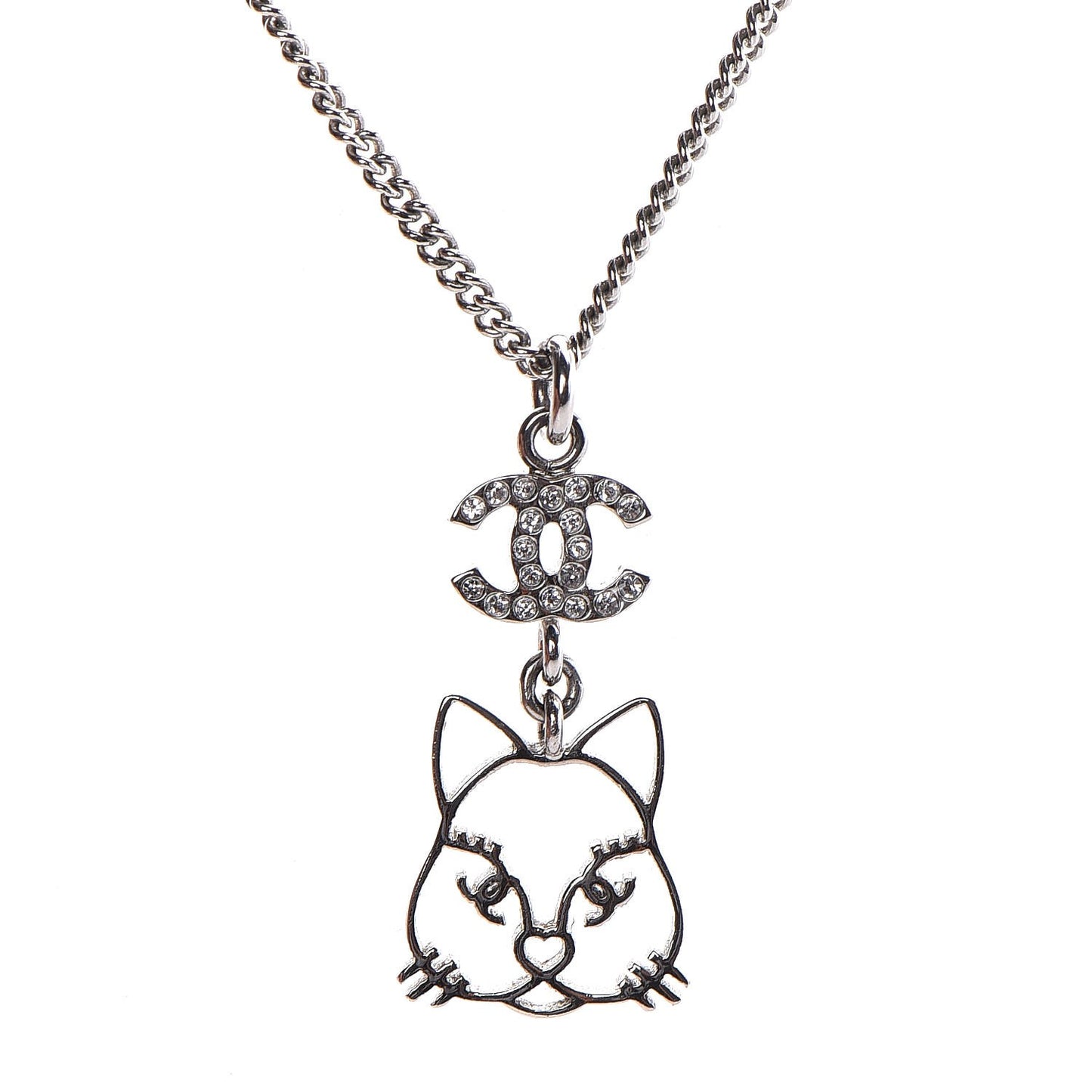 Crystal Emoji Choupette Cat Pendant Necklace Silver