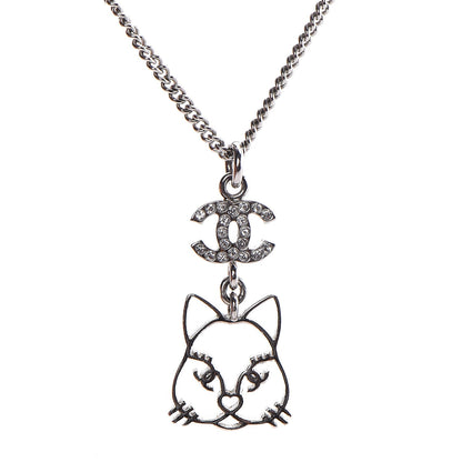 Chanel Crystal Emoji Choupette Cat Pendant Necklace Silver 4 of 5