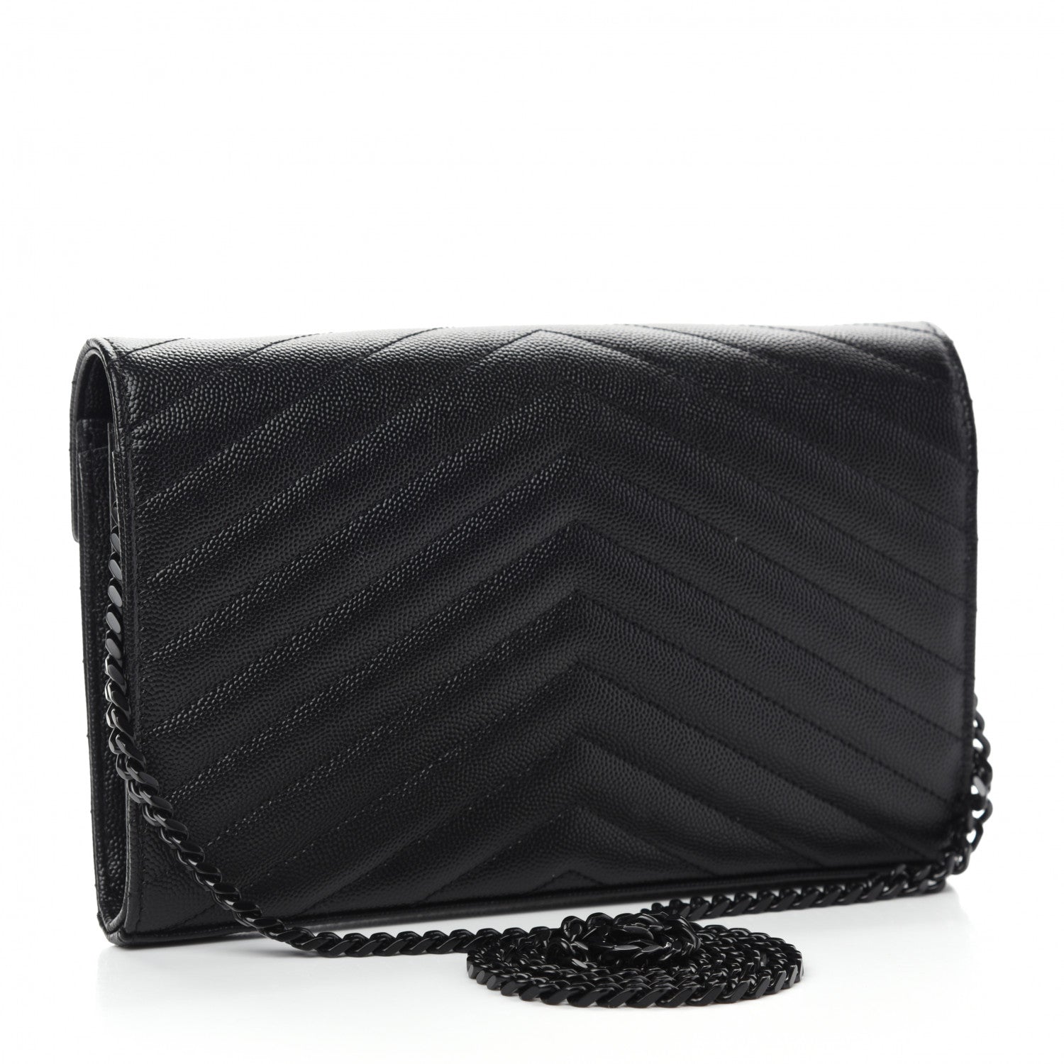 Saint Laurent Grain De Poudre Matelasse Chevron Monogram Chain Wallet Black 3 of 10