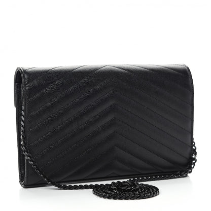 Saint Laurent Grain De Poudre Matelasse Chevron Monogram Chain Wallet Black 3 of 10