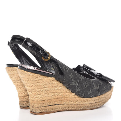 Louis Vuitton Denim Patent Monogram Bow Espadrille Wedges 38.5 Black 4 of 23