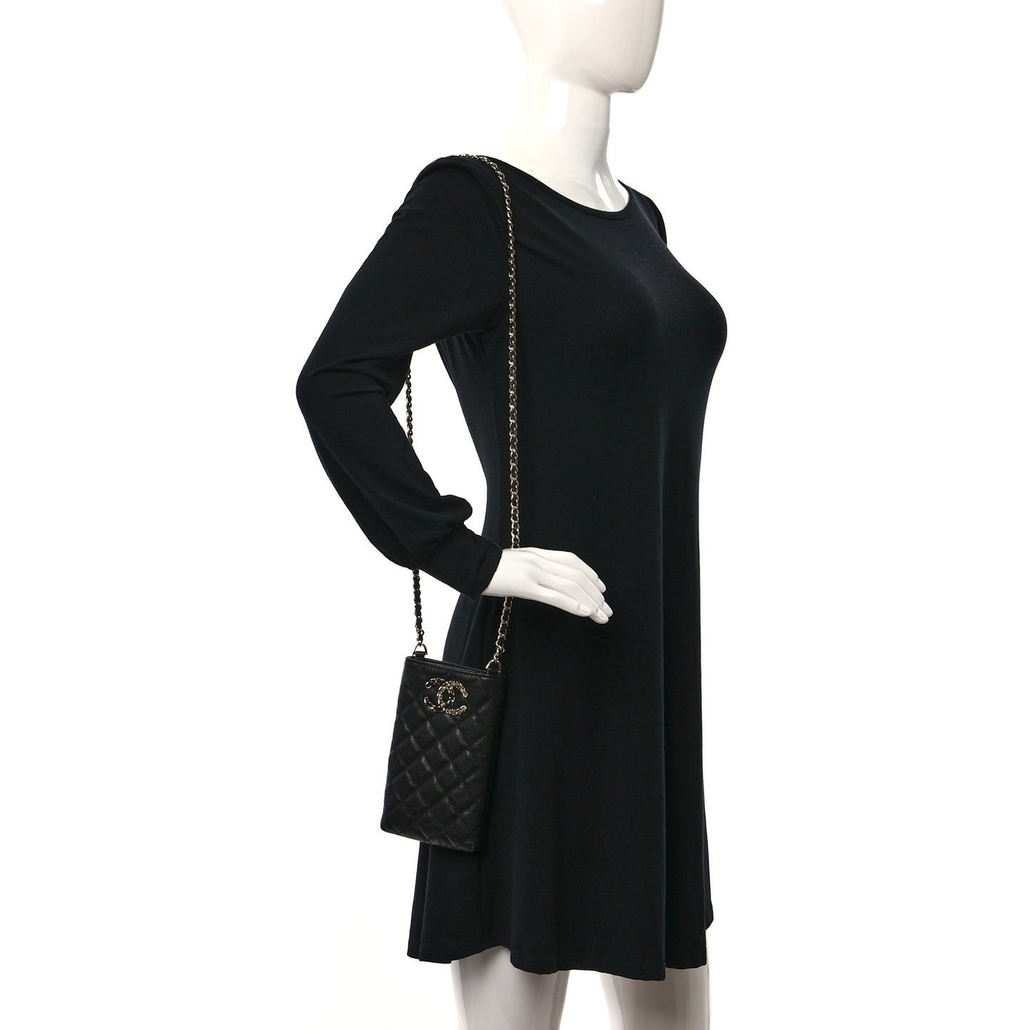 Caviar Quilted French New Wave Phone Holder With Chain Black