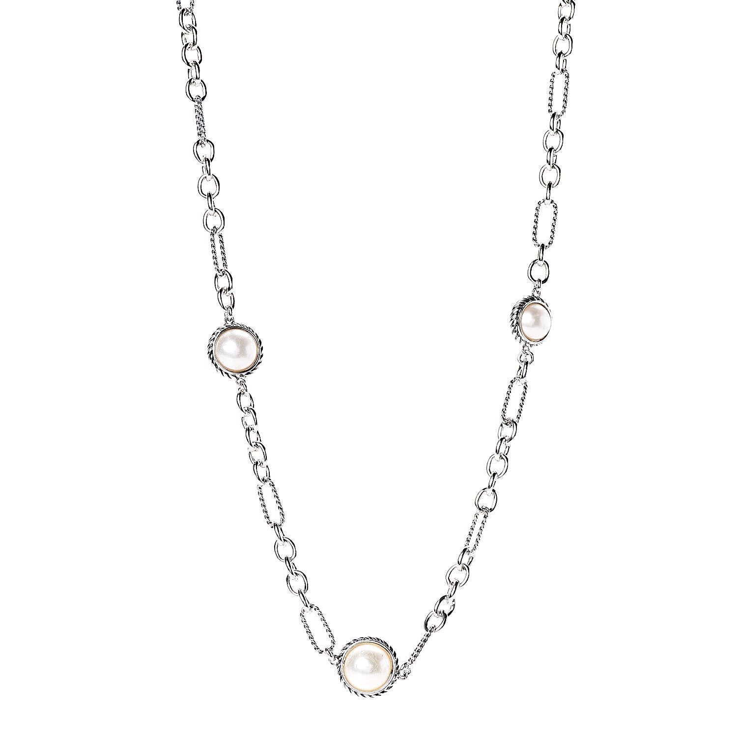 David Yurman Sterling Silver Pearl Cable Figaro Chain Necklace 1 of 4