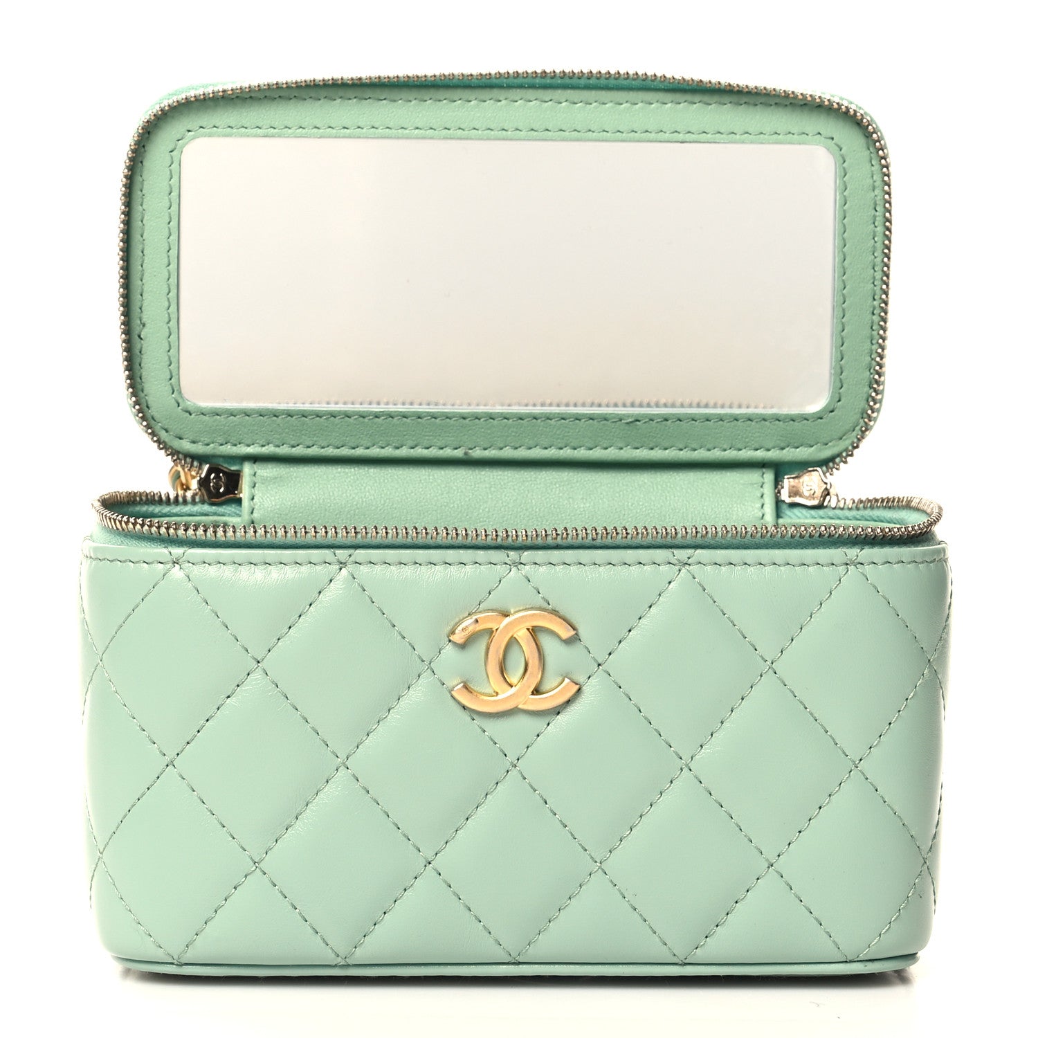 Chanel Shiny Calfskin Quilted Small Top Handle Vanity Case With Chain Light Green 10 of 21