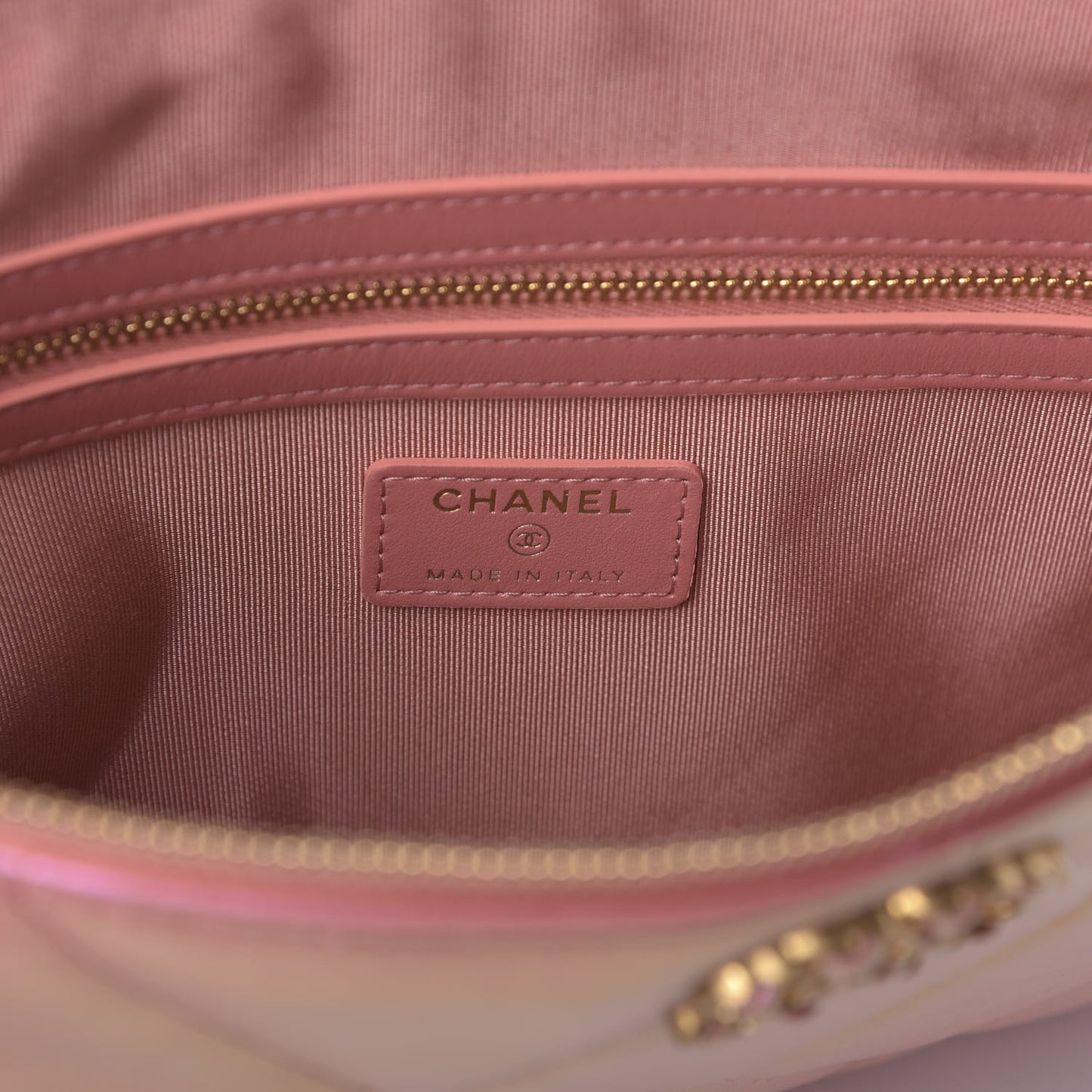 Iridescent Calfskin Quilted Large Chanel 19 Pouch Pink
