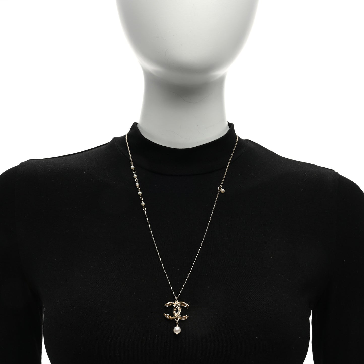 Pearl Crystal CC Drop Necklace Gold
