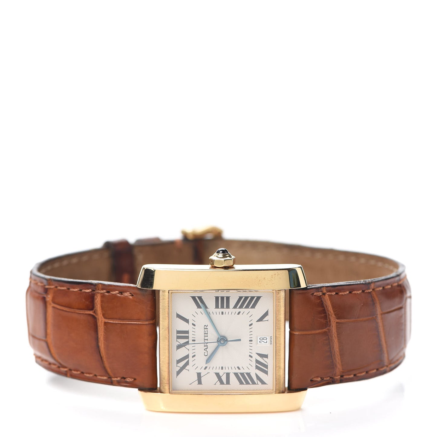 18K Yellow Gold Alligator 28mm Tank Francaise Automatic Watch Brown