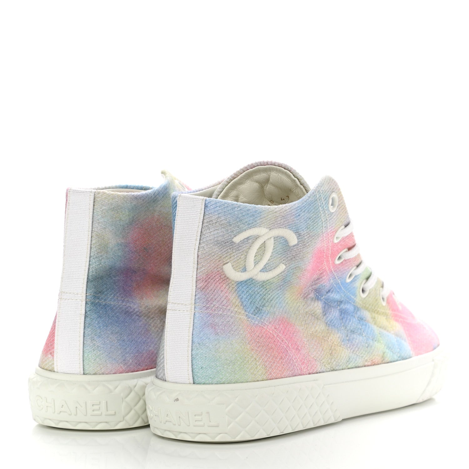 Chanel Printed Fabric Quilted High Top Sneakers 41 Green Pink Blue 4 of 8