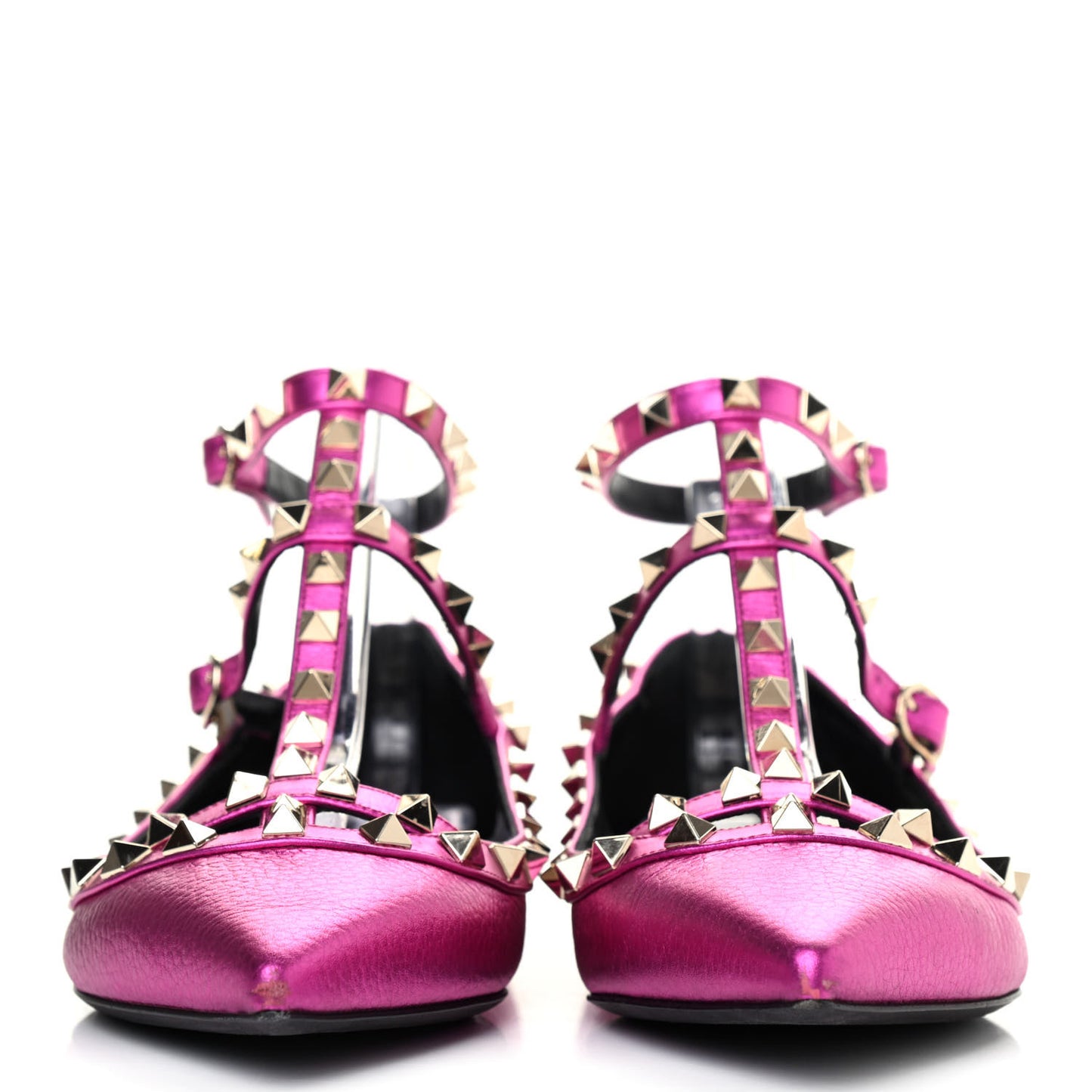 Metallic Pebbled Calfskin Rockstud Cage Ballerina Flats 38 Peony