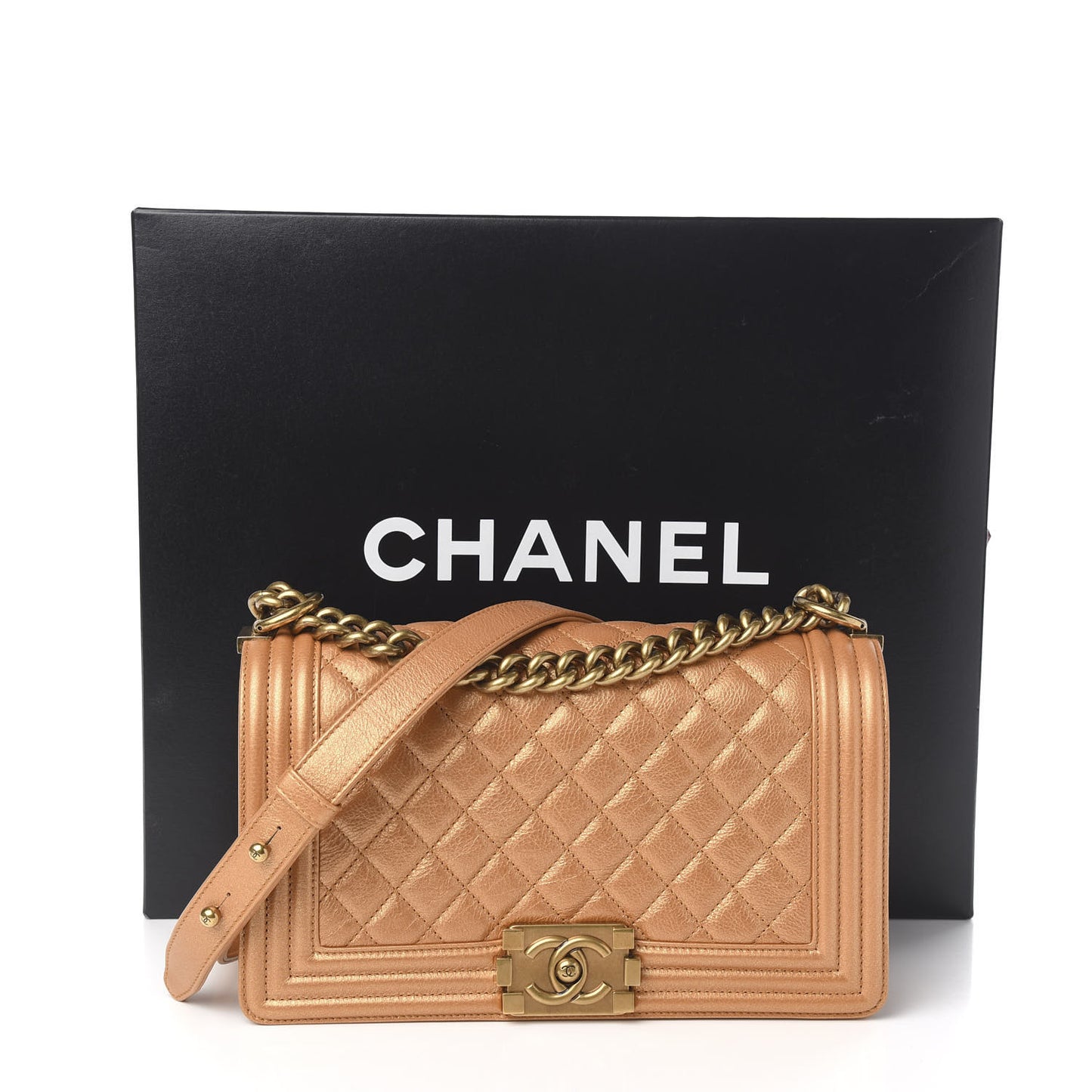 Metallic Calfskin Quilted Medium Boy Flap Gold