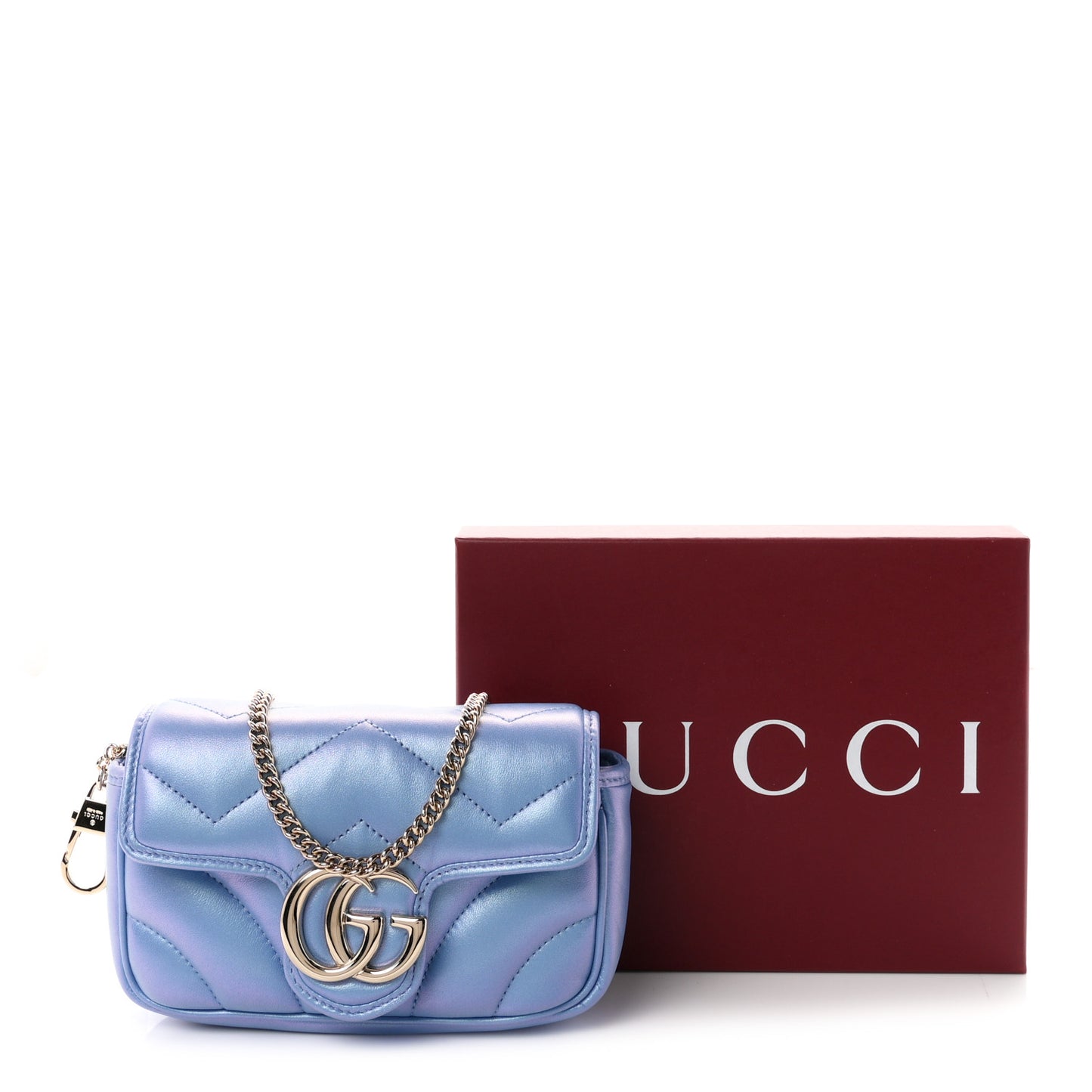 Iridescent Nappa Chevron Matelasse Super Mini GG Marmont Shoulder Bag Mindful Azure