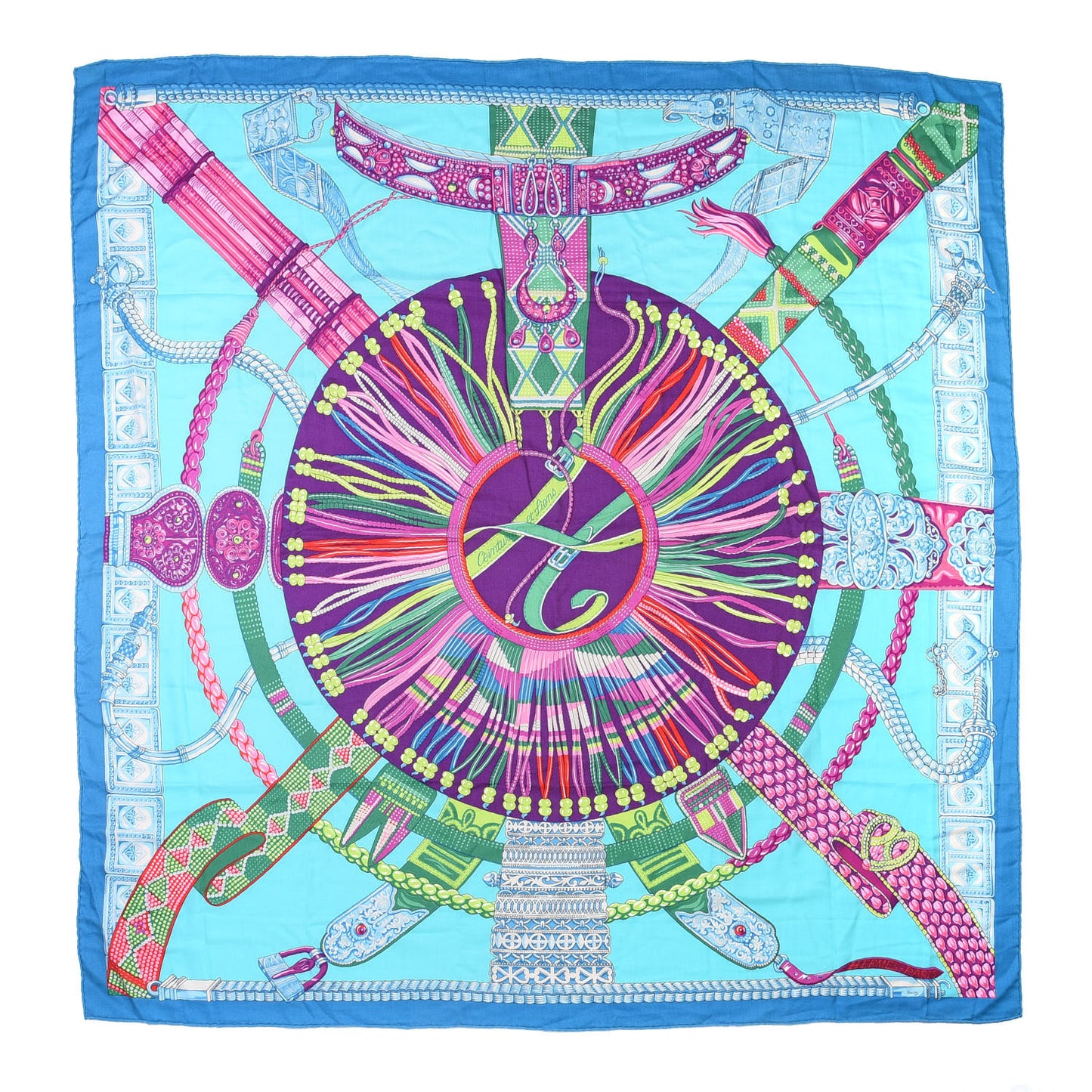 Cashmere Silk Ceintures Et Liens Shawl 140 Aqua Violet Turquoise