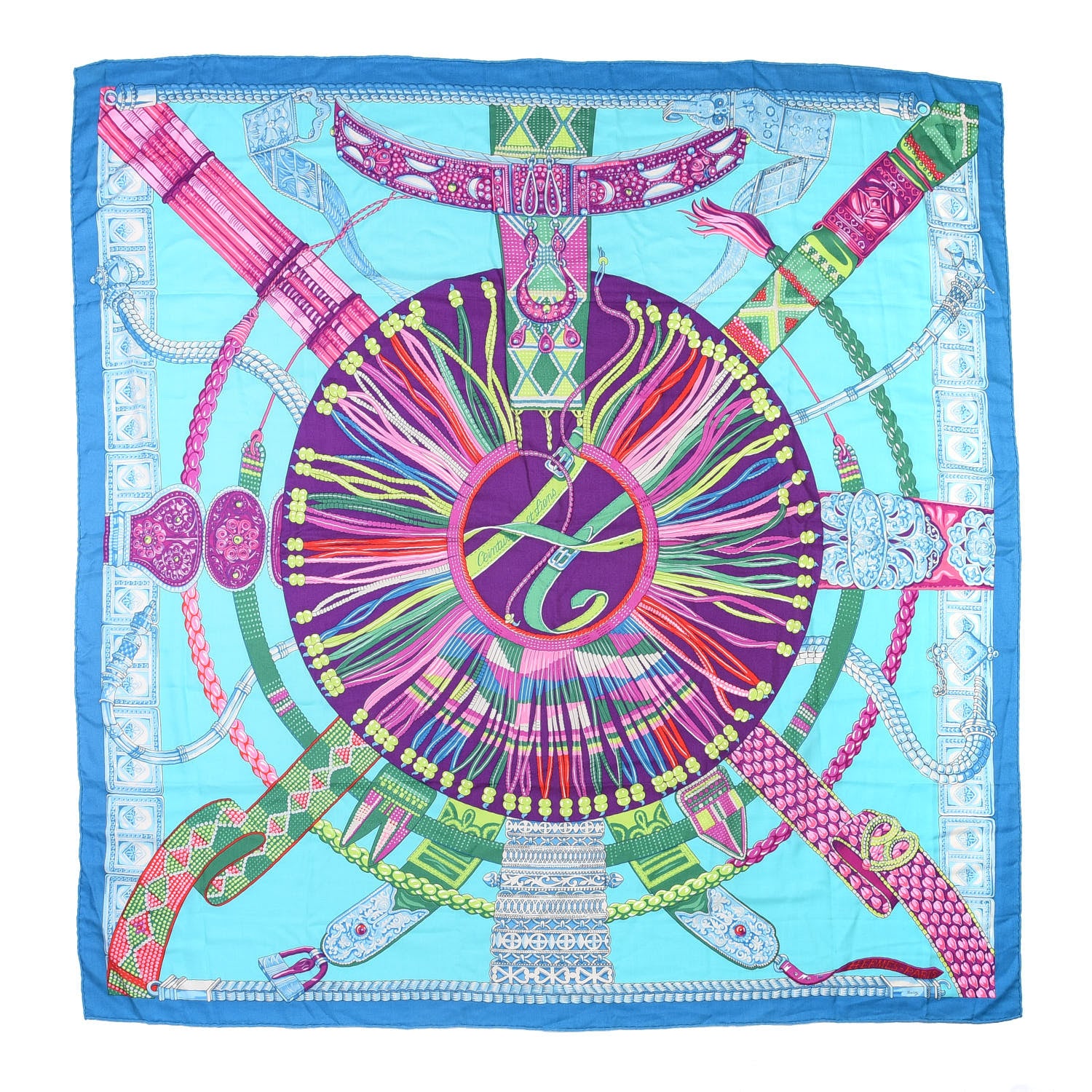 Hermes Cashmere Silk Ceintures Et Liens Shawl 140 Aqua Violet Turquoise 1 of 4