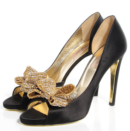 Valentino Garavani Satin Crystal Bow Peep Toe d'Orsay High Heel Pumps 39.5 Black 4 of 7