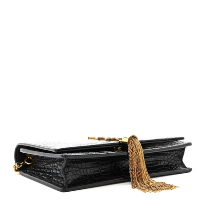 Saint Laurent Calfskin Crocodile Embossed Kate Monogram Tassel Chain Wallet Black 4 of 10