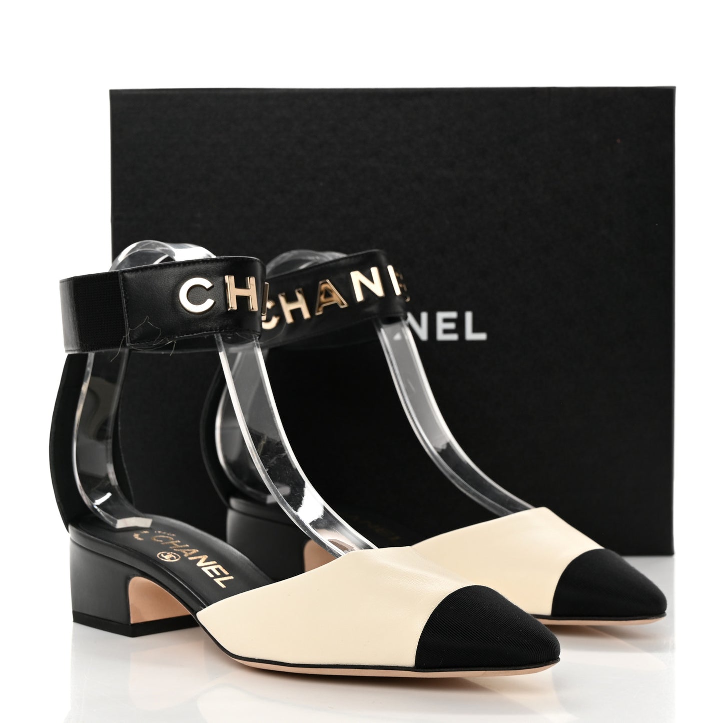 Lambskin Grosgrain Cap Toe Logo Ankle Strap Pumps 36.5 White Black