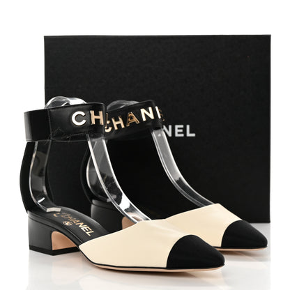 Chanel Lambskin Grosgrain Cap Toe Logo Ankle Strap Pumps 36.5 White Black 9 of 9